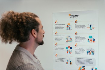 En person som ser på en en plakat med beskrivelse av kompetanseområdene.